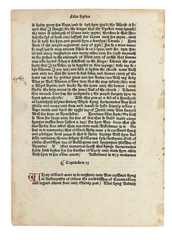 LEAF BOOKS. An Original Leaf from the Polychronicon printed by William Caxton at Westminster in the Year 1482.
